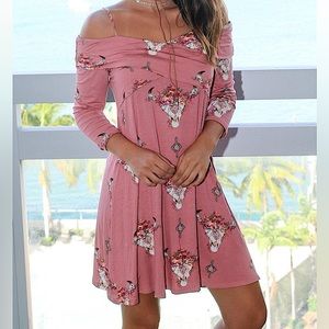 Entro Off the Shoulder with Straps Midi Pink Dress